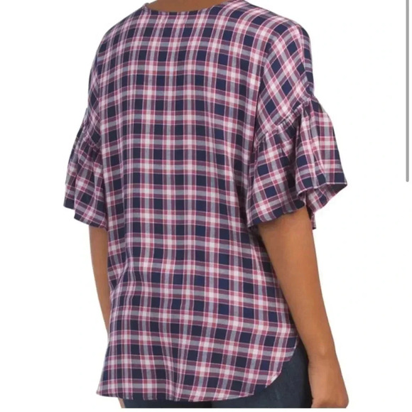 Max Studio Plaid Checkered Ruffle Flutter Sleeve Wrap Top Navy Red Size L - Picture 2 of 11